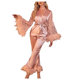 OYOANGLE Women's 2 Piece Pajama Set Satin Contrast Mesh Feather Trim Long Sleeve Belted Top and Pants Lounge Sets Pink Large