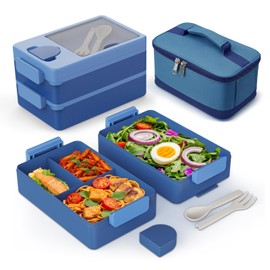 Bento Box Adult Lunch Box – 2-Layer Stackable Lunch Container with Utensils & Insulated Bag, 67oz Large Capacity, Leakproof & Microwave Safe, BPA-Free Bento Lunch Box for Work, Gym, Outdoor Blue