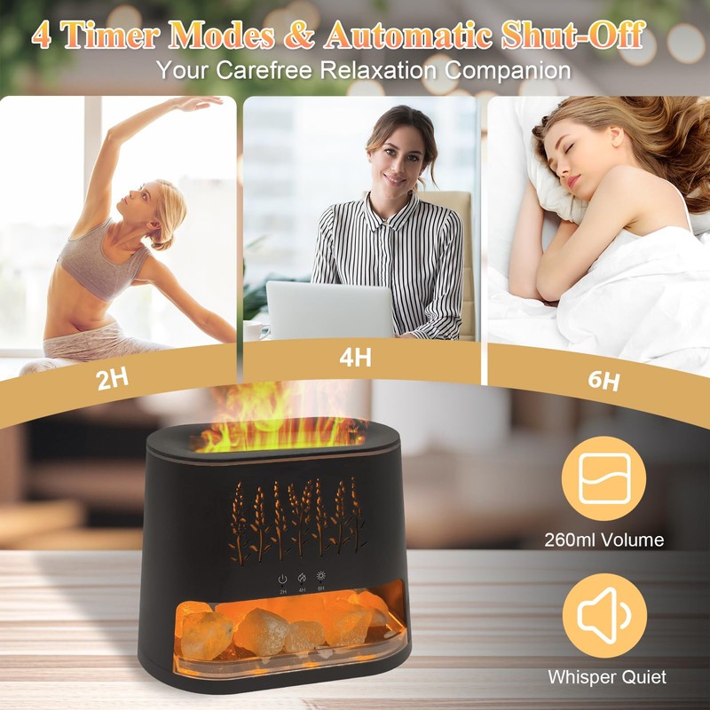 Fireplace Flame Diffuser & Himalayan Salt Lamp, 8 Colors Aromatherapy