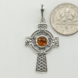 Amber America Cognac / Brown BALTIC AMBER Celtic Cross Pendant - 925 STERLING SILVER #6872
