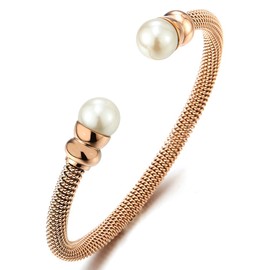 COOLSTEELANDBEYOND Elastic Adjustable Women Stainless Steel Rose Gold Cable Cuff Bangle Bracelet with White Pearl(CA)