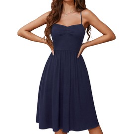 YATHON Summer Dresses for Women 2024 Casual Cotton Knee Length Dress for Women with Pockets Navy Blue Sundresses for Teens Boho(YT308-Navy,M)