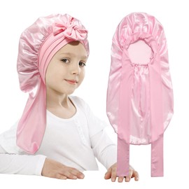 AWAYTR Long Toddler Silk Bonnet for Sleeping Elastic Satin Bonnets for Curly Hair Braid Bonnet Night Cap for Aged 3-12 Kids (Pink)