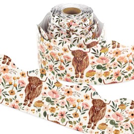 AnyDesign 65Ft Boho Floral Highland Cow Bulletin Board Border Watercolor Flower Cow Die Cut Trim Border Roll for Farmhouse Classroom Chalkboard School