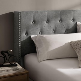 Hearth & Harbor Queen Bed Frame with Headboard Wingback – Linen Platform Bed Frame Queen Size, Button-Tufted Upholstered Bed Frame Queen, Modern Bedframe, Box Spring Required, Silver