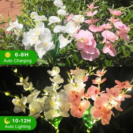 Solar Flower Lights, 2 Pack Solar Flowers with Pink & White Orchids, Solar Outdoor Lights, Waterproof Solar Garden Lights for Yard, Patio, Pathway, Lawn, Flowerbed, Grave, Cemetery Decor