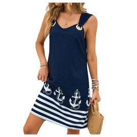 WDIRARA Women's Striped Anchor Print Short Dress Cut Out Sleeveless Tank Dresses Blue Medium