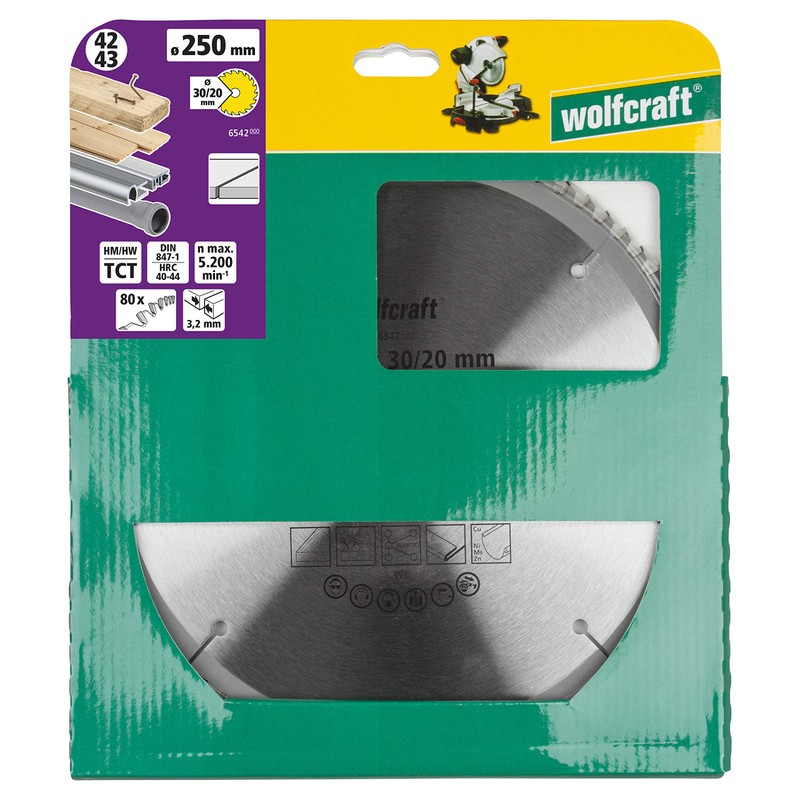 wolfcraft 6542000 Mitre Saw Blade Diameter 250 mm Fine, Clean