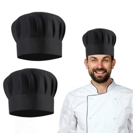 2 Pack Chef Hats for Adult, Adjustable Elastic Adult Black Tall Chef's Hat Bakers Kitchen Cooking Caps, Reusable Washable Polyester Chef Cooking Hat for Kitchen, Hotel, Restaurant