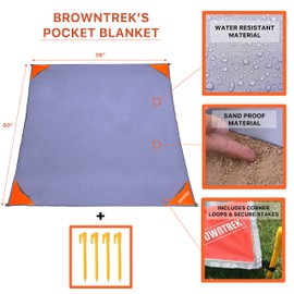 BROWNTREK Compact Picnic Blanket (60"x56") - Water Resistant, Packable, Lightweight Tarp for Hiking, Camping, Travel, Festivals