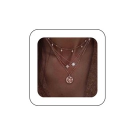 Dervivea Boho Layered Crystal Star Necklace Cz Northstar Pendant Necklace Multi Layer Star Coin Necklace Gold Starburst Chain Necklace Pave Star Necklace Jewelry for Women and Girls