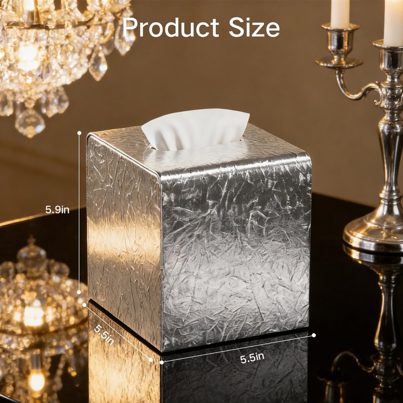 Silver Tissue Box Cover,Square Leather Tissue Box Cover with Magnetic