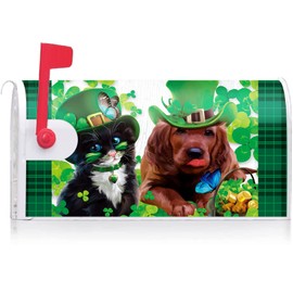Texupday Cute Cat and Dog with Hat Shamrock Decoration St.Patrick's Day Mailbox Cover with Magnetic Strip Holiday Mailbox Wraps Post Box Cover Standard Size 21" X 18" for Garden Outdoor Yard Decor