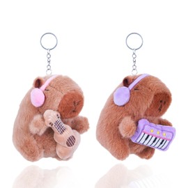 mkookm 2PCS Capybara Guitar Plush Keychain Cute Capybara Keychain Stuffed Animal Bunny Fluffy Ball Key Chain Hook Bag Charm (A)