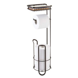 mDesign Toilet Roll Holder - Free Standing - No Drilling Necessary - Loo Roll Holder for The Bathroom - Toilet Paper Holder Stand - Added Space for Brush - Bronze