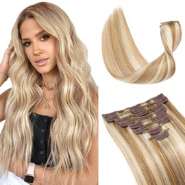 S-noilite 20 Inch Clip in Hair Extensions 100% Human Hair 8Pcs 18Clips Normal Weft Full Head Clip in Hair Extension for Women Straight Blonde Real Hair Extension(70g,12P613#Golden Brown&Bleach Blonde)