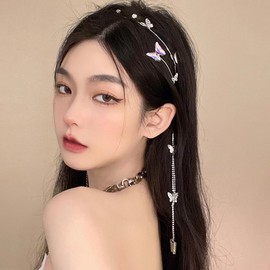 LALAFINA Butterfly Tassel Headband for Women Hair Accessories Zircon Decoration Headpiece Party Wedding Photo Props 21.9X11.7Cm Lightweight 43G