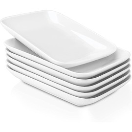 DELLING 8 Inch Rectangular Appetizer Plates, Salad Plates Set, Ceramic Dessert Plates, Small Serving Plates for Salad, Appetizer, Snack, Sushi - Microwave, Oven, and Dishwasher Safe - Set of 6, White
