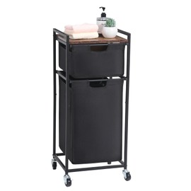 LUCKUP Laundry Hamper with Shelf, Laundry Sorter 2 Section with Removable Bags, Laundry Basket Cart with Table Wheels Laundry Room Storage and Organization, Dirty Clothes Hamper for Small Space