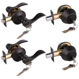 Oil Rubbed Bronze Keyed-Alike Door Levers and Double Cylinder Deadbolts Combination Locksets with Same Key,2 Pack Exterior/Entry Door Handles, Reversible for Right/Left Handed Doors
