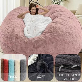 BCU Bean Bag Cover Comfy Beanbag Chair for Adults Without Filler Faux Fur Lazy Sofa Cover for Living Room Chairs, Black, 3.5FT