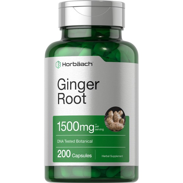Ginger Root Capsules 1500 mg | 200 Pills | DNA Tested, Non-GMO, Gluten Free | Ginger Root Extract | by Horbaach