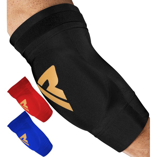 RDX MMA Elbow Support Brace Sleeve Pads Guard Bandage Elasticated Shield Protector, Black Gold, M