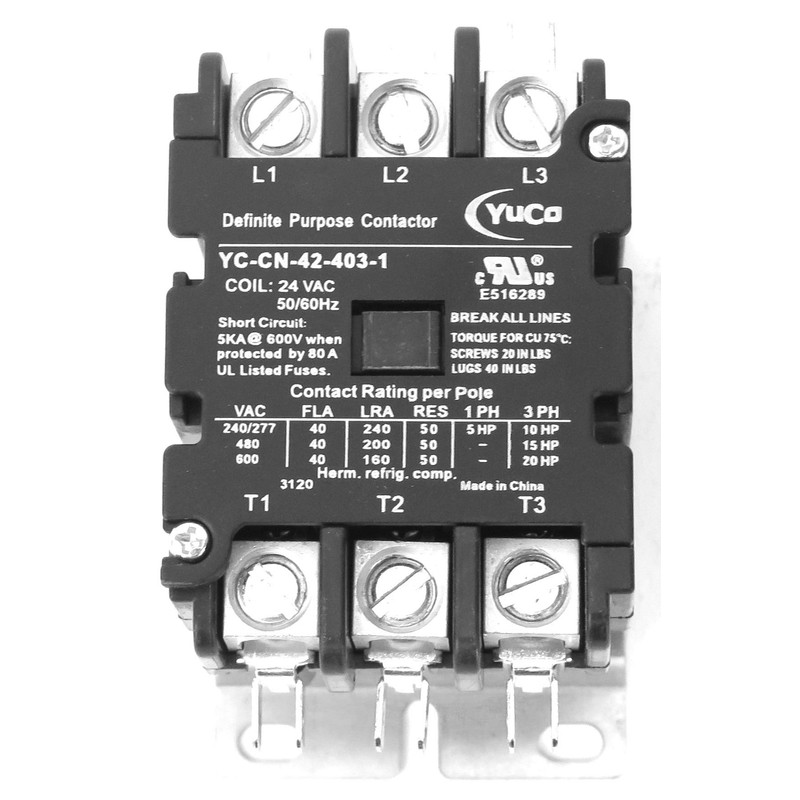 Yuco YC-CN-42-403-1 3-Pole 40-Amp Definite Purpose Contactor 24V Coil fits