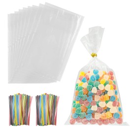 Slomg 200 Pack Plastic Clear Cellophane Bags, 10 x 6 In Transparent Goodie Treat Bags with Twist Ties for Birthday Party Favor, Resealable Gift Packing Bags for Candy Cookie Popcorn Bakery Wrapping