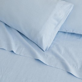 100% Pure European Flax Linen Sheet Set - 4 Pc Queen Size Bed Sheets - Breathable for Hot Sleepers and Durable Bedding Set - 1 Flat Sheet, 1 Fitted Sheet, 2 Pillowcases (Queen, Mineral Blue)