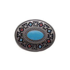 Men Western Fashion Belt Buckle Silver Metal Ethnic Cowboy Turquoise Blue Native Style, One Size