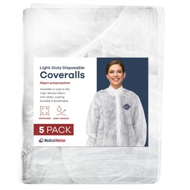 Medical Nation Hazmat Suits Disposable | 5 Pack | Light Duty Disposable Coveralls Men | with Collar - Overall Protective Chemical Suit for Men & Women, Disposable Paint Suit - Large