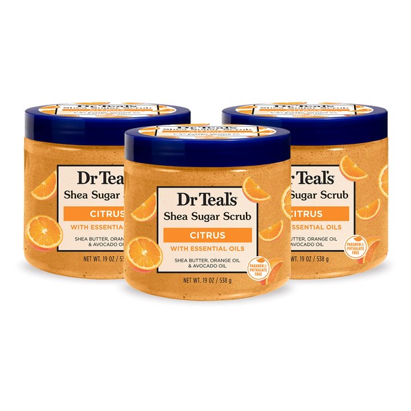Dr Teal's Shea Sugar Body Scrub, Citrus with Essential Oils & Vitamin C, 19 oz (Pack of 3) (Packaging May Vary)