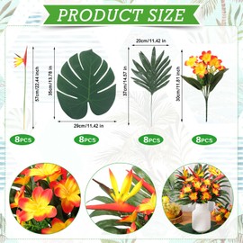 Hotop 8 Set/ 32 Pcs Artificial Tropical Flower Bouquets Bulk for Hawaii Centerpieces Bird of Paradise Lily Bouquet Permanent Flower Tropical Plant Party Office Home Decor (Sunset Red)