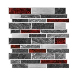 Alwayspon 10 Sheets 12" x12inch Black and Red Marble Effect Vinyl Tiles, Backsplash, Self-Adhesive Peel and Stick Wall Tile Stickers, Stick on Subway Tiles for Kitchen Bathroom Wall Decor