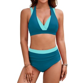 BMJL Women's High Waisted Bikini Sets Tummy Control Swimsuits Two Piece Color Block Modest Bathing Suit (Large, Deep Teal)