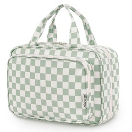Narwey Women's Toiletry Bag for Hanging Wash Bag Cosmetic Bag Large Wash Bag Cosmetic Organiser for Women Girls, Mint Green Chessboard (Large)