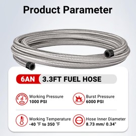 Twilight Garage Universal an -6 AN6 Stainless Steel Braided Fuel Line Hose Oil Gas Hose Oil Line Hose Length 1 Meter/3.3 FT
