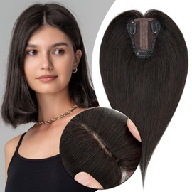 MY-LADY Hair Topper for Women Human Hair for Thinning Hair Loss 8 * 10CM Lace Silk Base Real Remy Hair No Bangs Clip in Hair Pieces Top Hand-Tied Hairpieces 12 Inch Natural Black