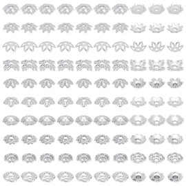 PH PandaHall Pack of 100 10 Styles Bead Caps Flower Bead Caps 6/7/8 mm Spacer Beads Bracelet Beads Flat Spacers for Jewellery Making DIY Crafts Silver