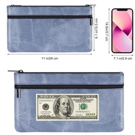 HAUTOCO Money Bag with Zipper 11 x 6.1 inch Embossed Deposit Money Pouch with Lined PU Leather Bank Bag Two Pockets Utility Wallet for Cash Check Receipt Coins Cosmetics, Pale Blue