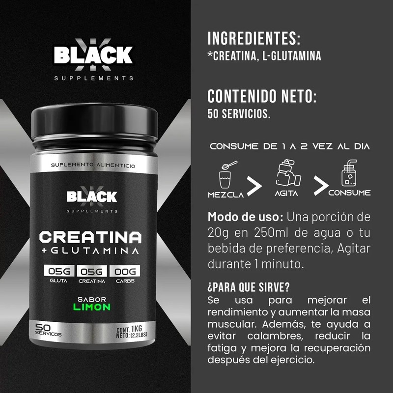 Black Creatina Glutamina 1 Kg 50 Servicios Varios Sabores