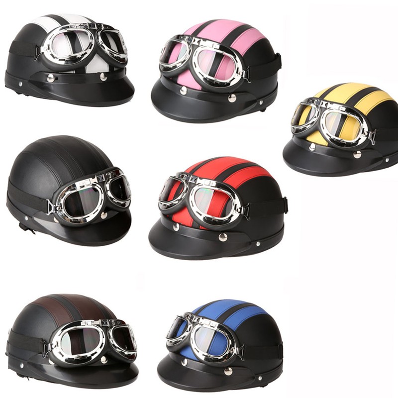 Motorcycle Scooter Open Face Half Leather Helmet with Visor UV