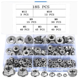 185PCS 7 Metric Sizes 304 Stainless Steel Hex Flange Nuts Assortment Kit M8 x 1.25mm Serrated Flange Nuts -M3, M4, M5, M6, M8, M10, M12