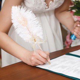 CROWN GUIDE Ostrich Feather Quill Ballpoint Pen for Wedding Guest Book Signing Reception Bridal Shower 50th Anniversary, Fancy Nikkah Pen for Bride Writing Office Accessories Gatsby Party Decoration