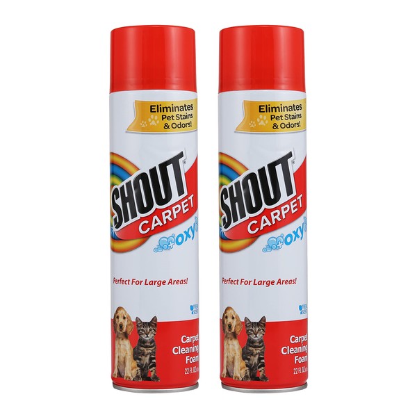Shout Carpet Aerosol Stain and Odor Foaming Spray with OXY Power | Completely Removes Tough Urine Stains & Prevents Remarking | Large Area Carpet Cleaner, 22 oz - 2 Pack