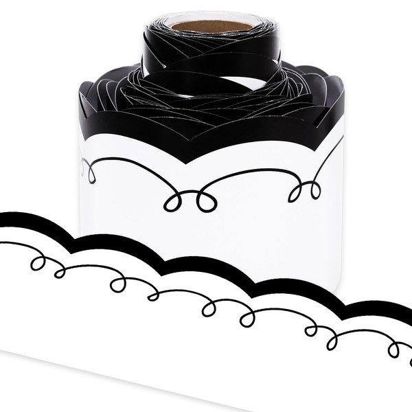 Whaline 32.8ft Bulletin Board Borders Black White Scalloped Die-Cut Rolled