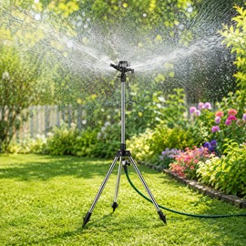 360° Garden Sprinkler for Lawn Irrigation – Rotating Spray Head with Adjustable Stainless Steel Tripod