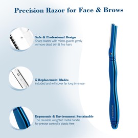 EROWZOLA Dermaplaning Tool for Face Eyebrow Razor and Facial Shaver for Women and Men Dermaplane Razor Peach Fuzz Exfoliation Remover Eyebrow Trimmer with 6 Refill Blades (Blue)