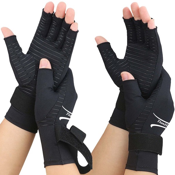 2 Pairs Arthritis Gloves for Women Men for Pain, Hand Compression Gloves with Adjustable Wrist Strap, Fingerless Copper Gloves for Arthritis, Carpal Tunnel, Tendonitis, RSI, Swelling (Large/X-Large)